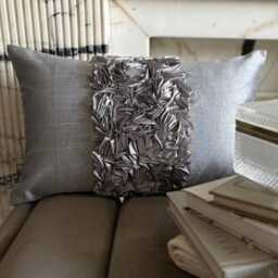 Silver Art Silk, Ribbon Embroidered Solid Pattern, Modern Lumbar Pillow Cover - Vintage Love