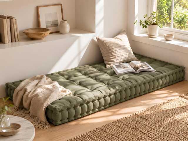 Custom Size Tufted Floor Cushion - Thick Window Seat Pad Reading Nook Bench Pillow - image 1