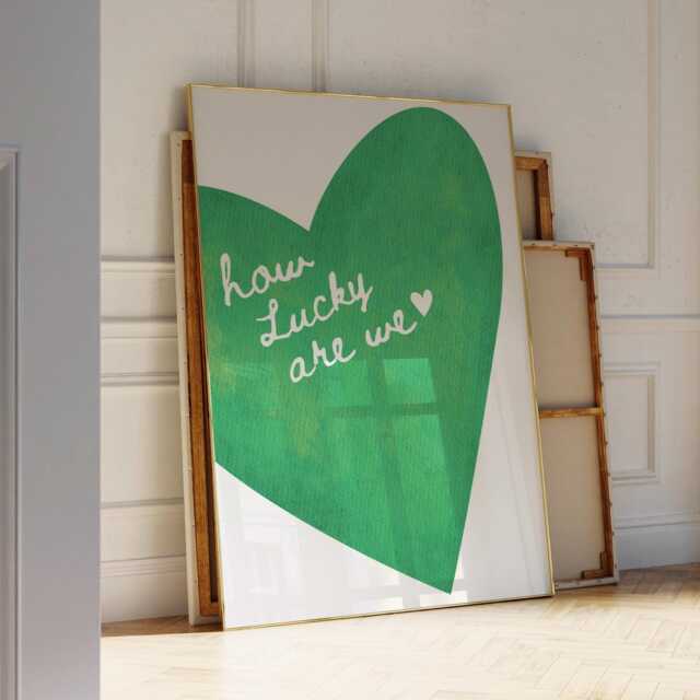 How Lucky Are We Wall Print, Green Heart Retro Trendy Art, Bedroom Art Quote - image 1