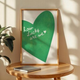 How Lucky Are We Wall Print, Green Heart Retro Trendy Art, Bedroom Art Quote - thumbnail 3