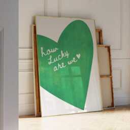 How Lucky Are We Wall Print, Green Heart Retro Trendy Art, Bedroom Art Quote - thumbnail 1