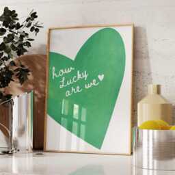 How Lucky Are We Wall Print, Green Heart Retro Trendy Art, Bedroom Art Quote - thumbnail 2