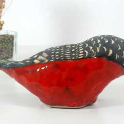 Handmade Ceramic Bird Figurine - Red & Black Decorative Sculpture Modern Art Home Decor Gift - thumbnail 3
