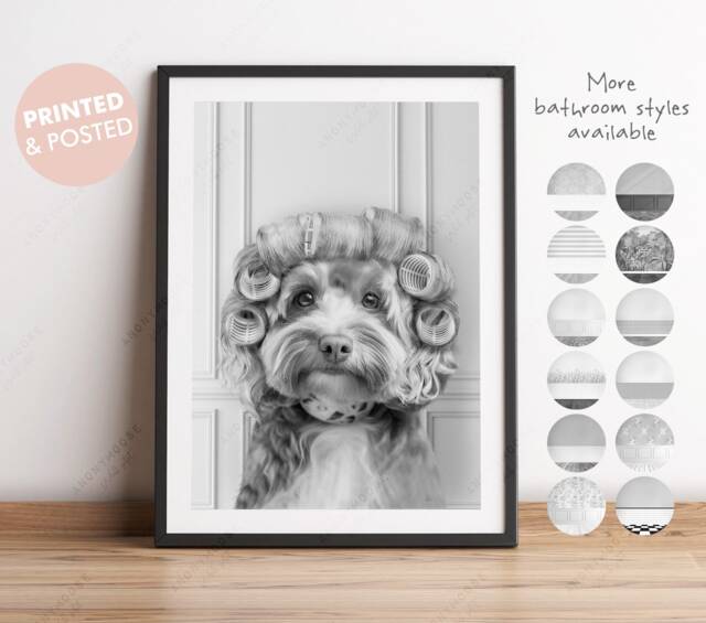 Black & White Cockapoo Dog in Hair Curlers Rollers Print, Dog Bathing, Funny Bathroom Rollers, Bath, Whimsy Animal - image 1
