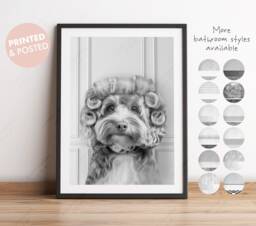 Black & White Cockapoo Dog in Hair Curlers Rollers Print, Dog Bathing, Funny Bathroom Rollers, Bath, Whimsy Animal - thumbnail 1