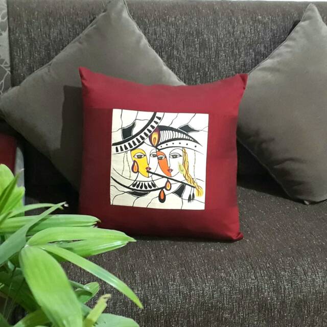 Set Of 2/Original Hand Painted/ Decorative Cushion Cover /Decorative Pillow Red /Beige/Indian Krishna - image 1