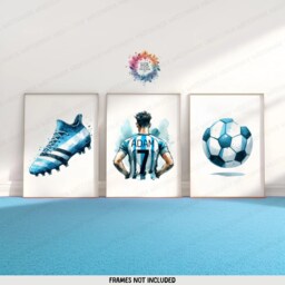 Boys Football Wall Art - Set Of 3 Posters - Custom Bedroom Decor Kids Prints Soccer Artwork Personalised Footballer Gift Blue - thumbnail 1