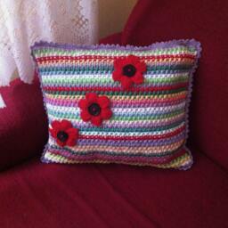 Crochet Striped Pillowmulticolor Handmade Cushion - thumbnail 2