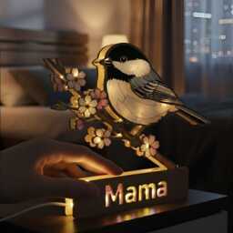 Personalized Chickadee Bird Night Light Box Custom Suncatcher Cherry Blossom Lamp - thumbnail 2