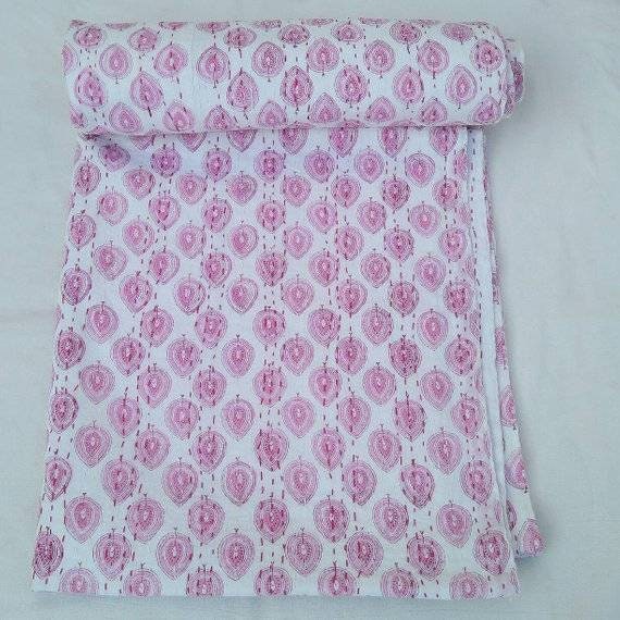 Handmade King Kantha Quilt, Indian Block Print Cotton Bedspread - image 1