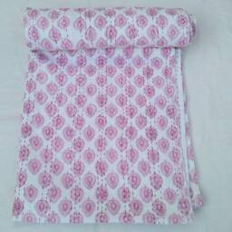 Handmade King Kantha Quilt, Indian Block Print Cotton Bedspread - thumbnail 1