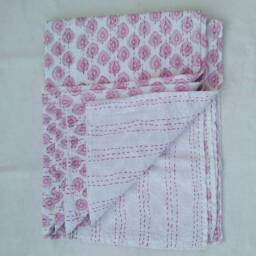 Handmade King Kantha Quilt, Indian Block Print Cotton Bedspread - thumbnail 4