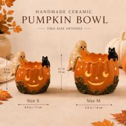 Handmade Ceramic Pumpkin Bowl, Ghost Cat Jack O Lantern Candle Holder, Halloween Tealight Centerpiece, Fall Shelf Decor - thumbnail 4