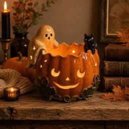 Handmade Ceramic Pumpkin Bowl, Ghost Cat Jack O Lantern Candle Holder, Halloween Tealight Centerpiece, Fall Shelf Decor - thumbnail 3