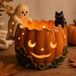 Handmade Ceramic Pumpkin Bowl, Ghost Cat Jack O Lantern Candle Holder, Halloween Tealight Centerpiece, Fall Shelf Decor