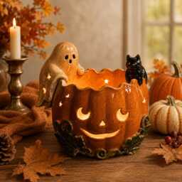 Handmade Ceramic Pumpkin Bowl, Ghost Cat Jack O Lantern Candle Holder, Halloween Tealight Centerpiece, Fall Shelf Decor - thumbnail 2