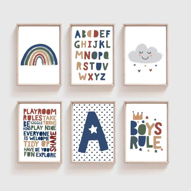 6 Playroom Prints, Boys Nursery Wall Art, Bedroom Print, Rainbow Decor, Rule, Name, Art - image 1