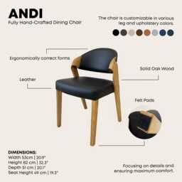 Handcrafted With Special Care Dining Room Chairs in Genuine Black Leather, High Comfortable Solid Oak Side Chair For Table - thumbnail 3