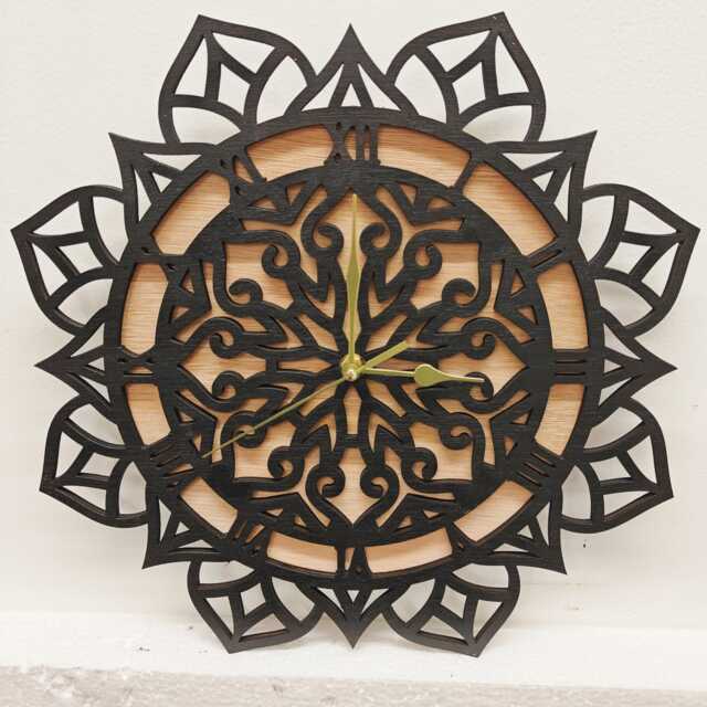 Black Wood Wooden Laser Cut Mandala Flower Pattern Wall Clock Door Picture Art Sign Logo Birthday Anniversary Wedding Valentine Gift Design - image 1
