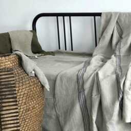Heavy Striped Linen Throw Blanket - Natural Woven Sofa Plaid - thumbnail 2