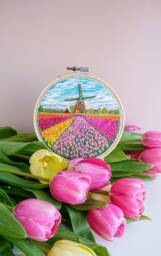 Dutch Landscape Tulip Fields & Windmill Home Decor - Travel Lover Gift Hand Embroidery Art Spring Netherlands Floral Wall Art - thumbnail 1