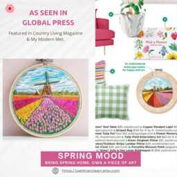 Dutch Landscape Tulip Fields & Windmill Home Decor - Travel Lover Gift Hand Embroidery Art Spring Netherlands Floral Wall Art - thumbnail 2