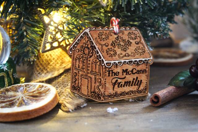 Personalised Family Wooden Gingerbread House Christmas Tree Bauble Ornament Ornate Cute Design Rustic Laser Wood Burned Add Name Gift - image 1