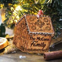 Personalised Family Wooden Gingerbread House Christmas Tree Bauble Ornament Ornate Cute Design Rustic Laser Wood Burned Add Name Gift - thumbnail 2
