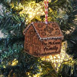 Personalised Family Wooden Gingerbread House Christmas Tree Bauble Ornament Ornate Cute Design Rustic Laser Wood Burned Add Name Gift - thumbnail 3