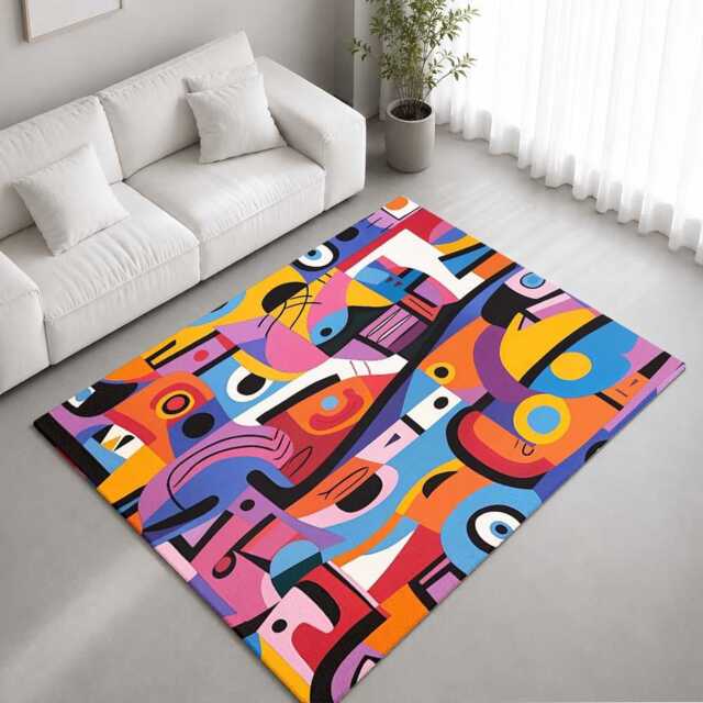 Colourful Cubist Abstract Shapes Pattern Rug Non-Slip Soft Area Carpet Bedroom Living Room Hallway Mat Decor - Made in UK - image 1