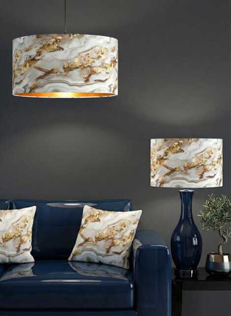 Handmade By Order Luxury White Grey Gold Wave Marble Abstract Art Velvet Drum Lamp Shade Pendant Light All Shapes & Sizes Linin - image 1