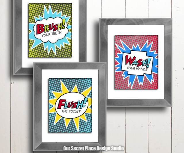Digital Brush Wash Flush Kids Bathroom Wall Decor Superhero Rules - image 1
