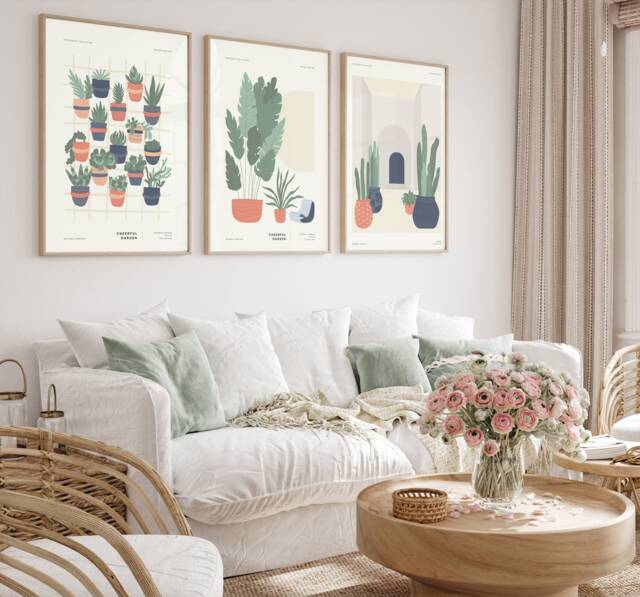 Neutral Wall Prints, Botanical Bedroom Flower Poster, Green, Beige Home Decor, Garden Art Cactus, Set Of 3 Prints - image 1