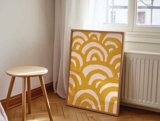Modern Yellow Abstract Line Art Print - Mustard Print, Warm Wall Art, Brush Stroke in A3 A4 A5 - image 1