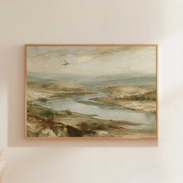 River Valley Poster, Neutral Landscape Wall Art, Wetland Painting - image 1