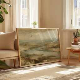 River Valley Poster, Neutral Landscape Wall Art, Wetland Painting - thumbnail 4