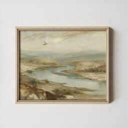 River Valley Poster, Neutral Landscape Wall Art, Wetland Painting - thumbnail 3