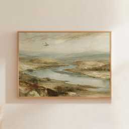 River Valley Poster, Neutral Landscape Wall Art, Wetland Painting - thumbnail 1