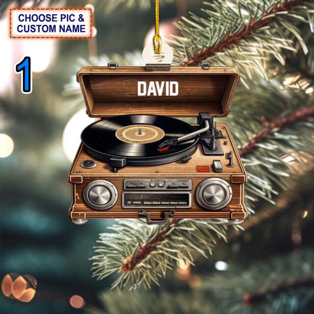 Custom Name Vinyl Record Player Christmas Ornament, Tree Hanging Decor, Flat 2D Ornament Acrylic/ Wooden, Gift For Lovers - image 1