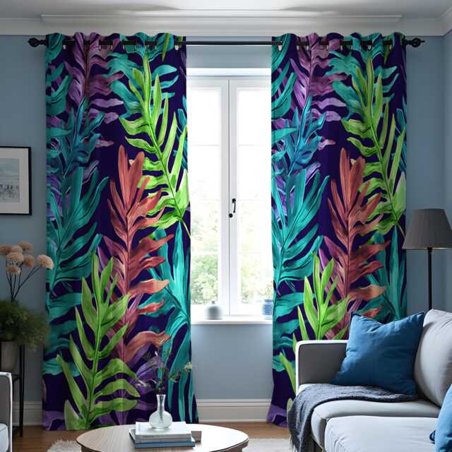 Tropical Leaf Curtains, Vibrant Jungle Print Drapes in Teal, Purple, Green, Made To Measure Window Panels - image 1