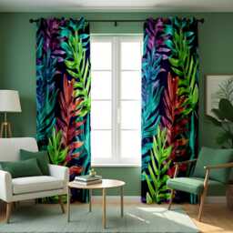 Tropical Leaf Curtains, Vibrant Jungle Print Drapes in Teal, Purple, Green, Made To Measure Window Panels - thumbnail 2