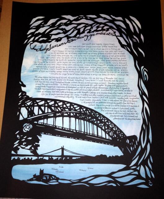 Hellgate Bridge Papercut Ketubah - Astoria Hebrew & English Calligraphy