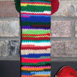 Hand Knit Christmas Stocking Personalized Mom Red Gray Rag Rainbow Stripe Flower Detail By Santa's Works - thumbnail 3