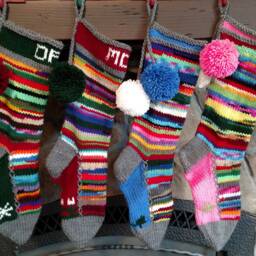 Hand Knit Christmas Stocking Personalized Mom Red Gray Rag Rainbow Stripe Flower Detail By Santa's Works - thumbnail 4