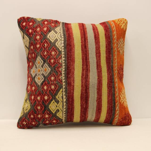 Handmade Turkish Kilim Pillow Cover, Bohemian Wool Throw, 18x18 - image 1