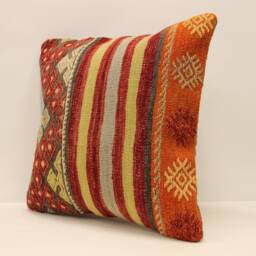 Handmade Turkish Kilim Pillow Cover, Bohemian Wool Throw, 18x18 - thumbnail 3