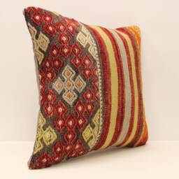Handmade Turkish Kilim Pillow Cover, Bohemian Wool Throw, 18x18 - thumbnail 2