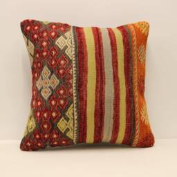 Handmade Turkish Kilim Pillow Cover, Bohemian Wool Throw, 18x18 - thumbnail 1