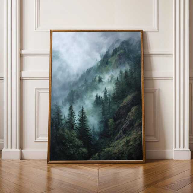 Foggy Forest Wall Art, Misty Mountain Landscape, Green & Gray Decor, Living Room Fall Style Gift, Autumn Host Gift - image 1