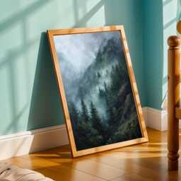 Foggy Forest Wall Art, Misty Mountain Landscape, Green & Gray Decor, Living Room Fall Style Gift, Autumn Host Gift - thumbnail 3